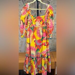 FARM RIO Toucan Print Midi Length Ruffled Bohemian Dress- NWT $255